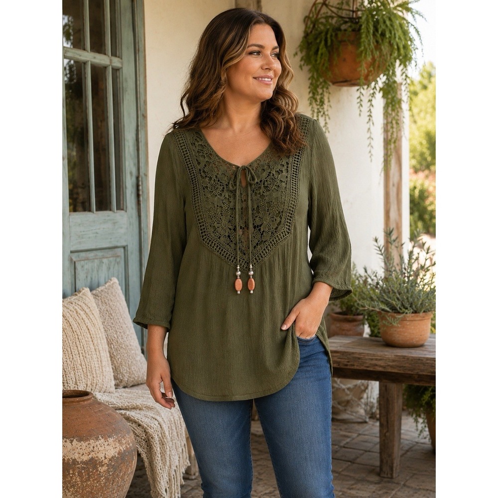 Indigo Rose 1X Olive Green Crochet Lace Beaded Boho Tunic Top